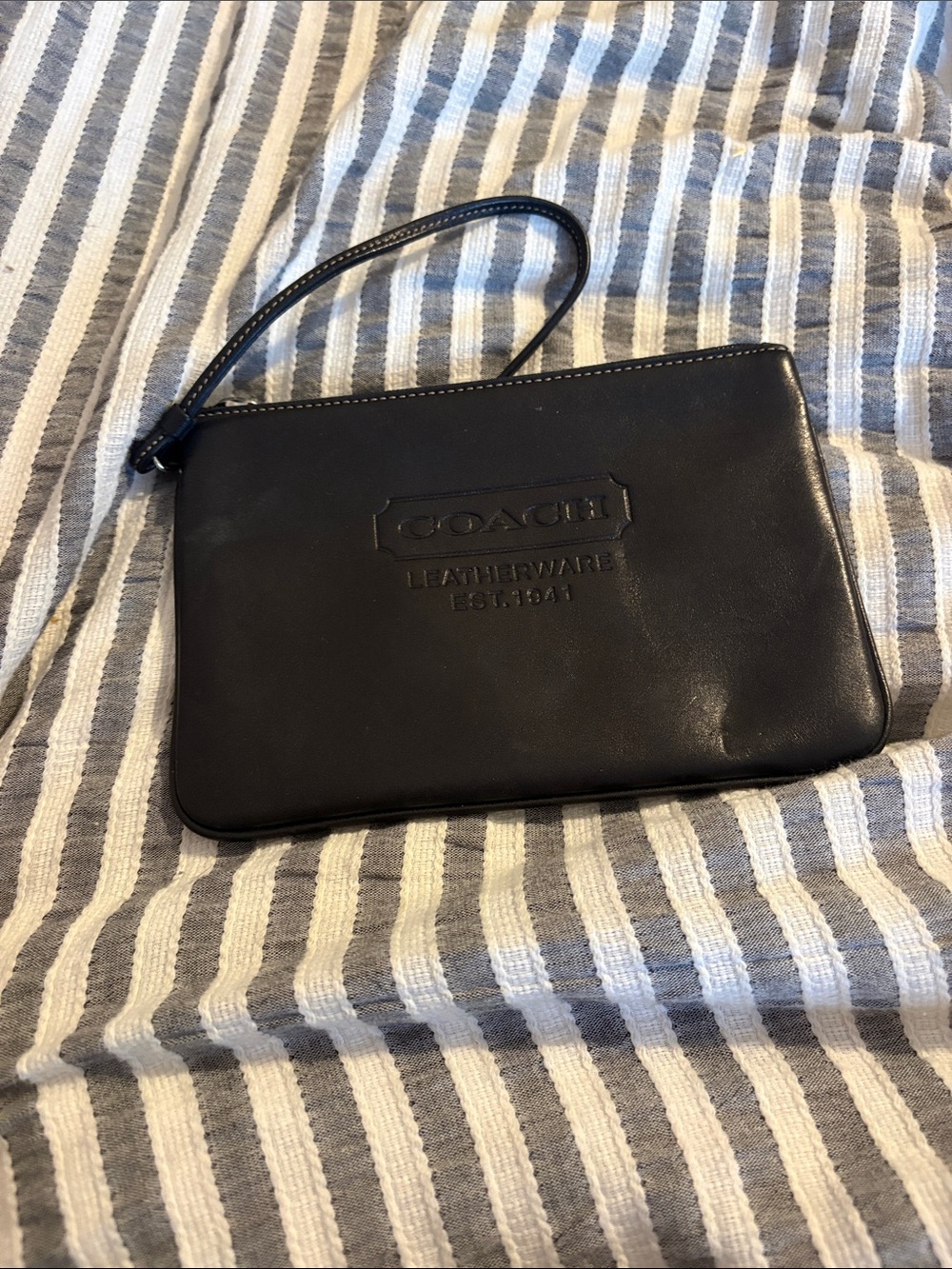 Coach Black Leather Wristlet Pouch with Embossed Logo